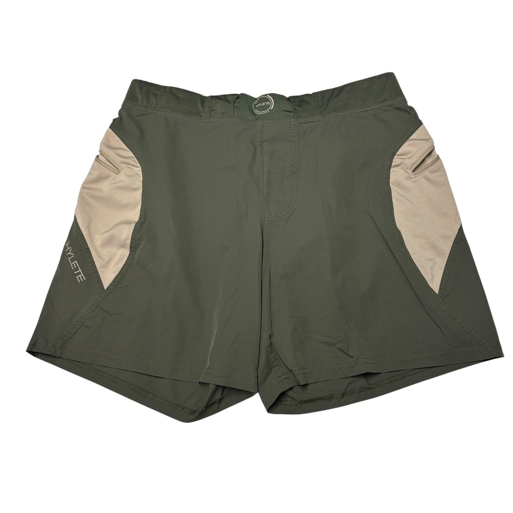 Hylete Men Quad Cut Training Shorts Olive Green Tan Size L W32 L6 Zipper Pockets